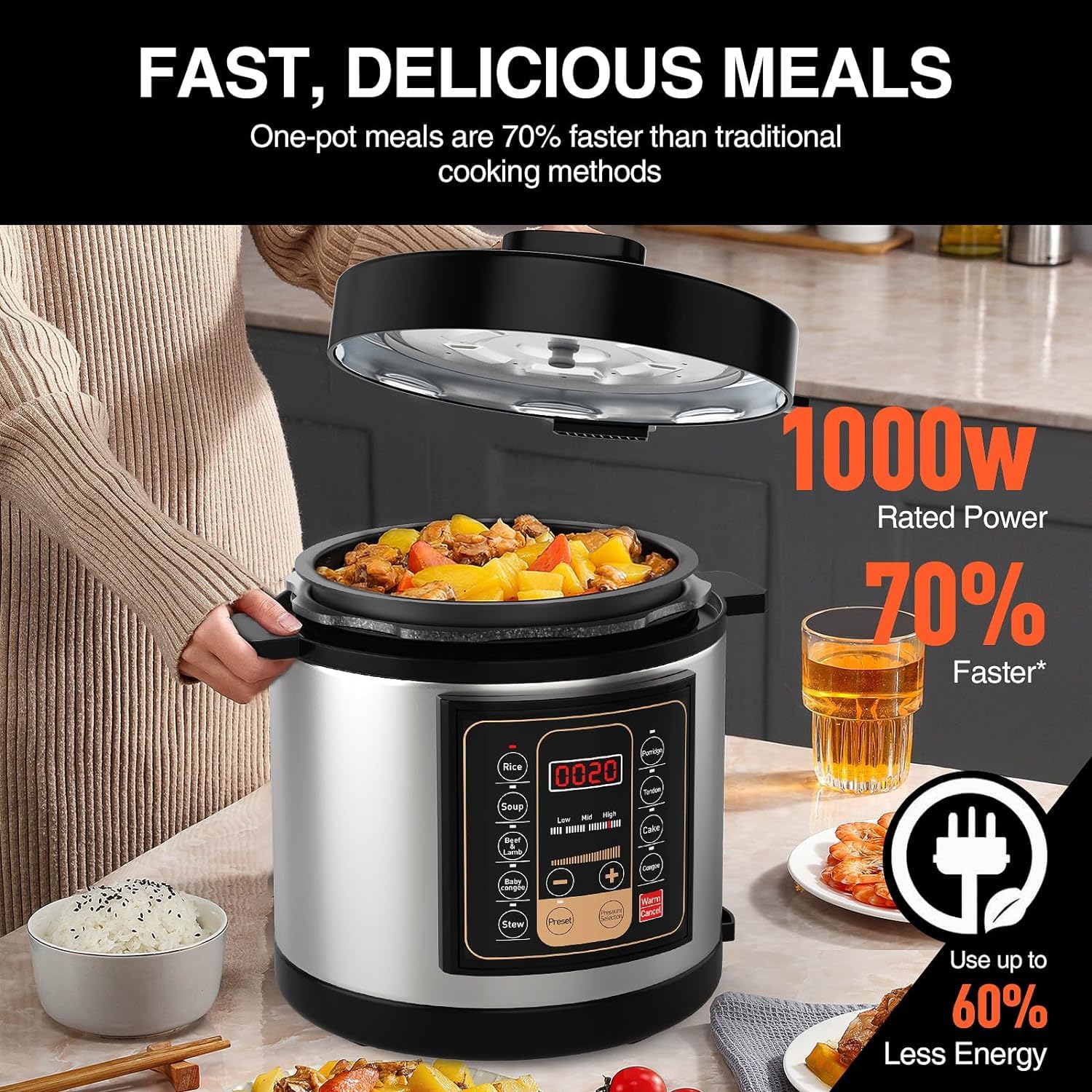 Electric Pressure Cooker, 6 Quart Stainless Steel, 9-in-1 Multi